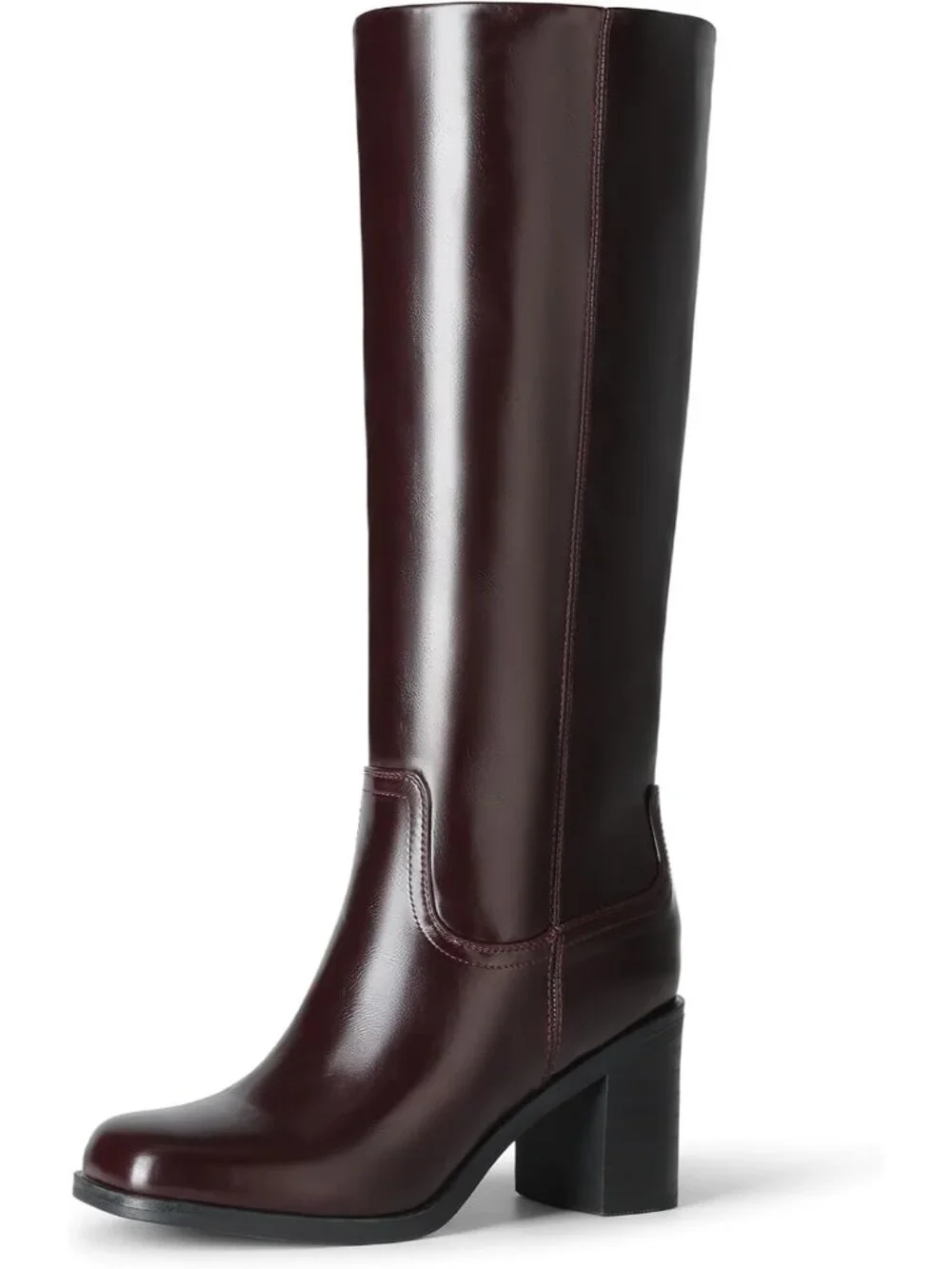 Women's Burgundy Chunky Block Heel Square Toe Faux Leather Long Knee High Boots